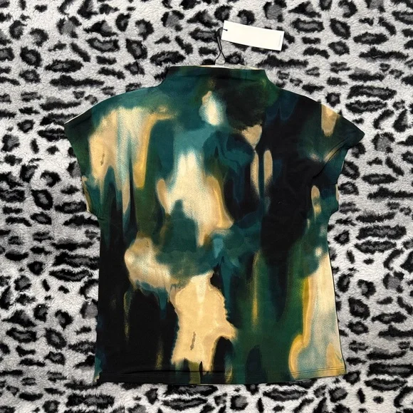 Calvin Klein Abstract Watercolor Short Sleeve Top in Green and Gold - Picture 5 of 5